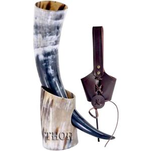 Viking Drinking Horn Mug with Beer Stand/Genuine Leather Belt/Vintage Natural Finished/Authentic Medieval Gift Rustic Vintage Home Decor Gifts