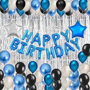 Blue Black Birthday Party Decorations Kit for Men 49 Pieces, Happy Birthday Banner, Fringe Curtains, Foil Balloons Party Dcor for Men Boys Women Girls Birthday Party Supplies