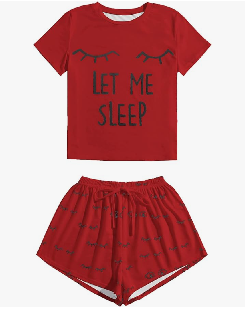 WDIRARA Women's Sleepwear Closed Eyes Print Tee and Shorts Pajama Set, Red, XXL