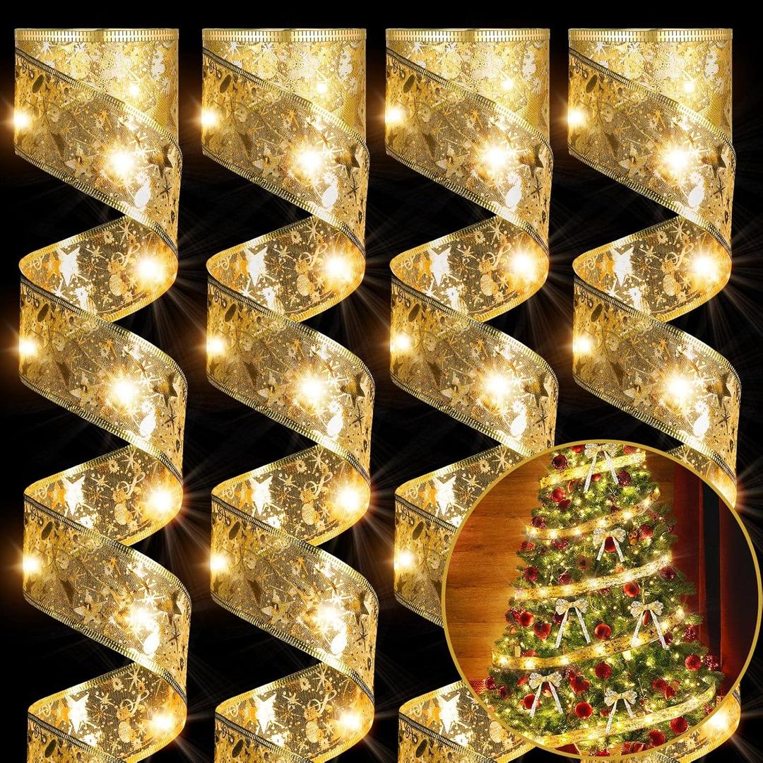 Sherr 4 Pcs 79ft Christmas Ribbon Lights Christmas Tree Decorations 240 LED Lights Fairy Lights Xmas Ribbon Battery Powered Operated Indoor String Lights Holiday Party Decoration (Gold)