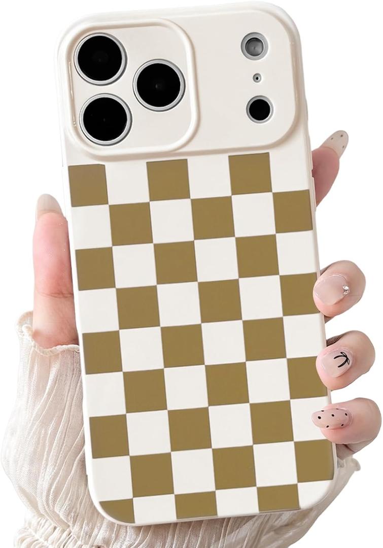 NITITOP Compatible for iPhone 17 Pro Max Case Cute Checkered - Brown | Aesthetic Checkerboard Design, for Girls Women Men, Girly, Soft TPU, Full Camera Lens, Protective, Shockproof Phone Cover
