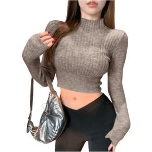 Milumia Women's Mock Neck Cropped Sweater Long Sleeve Slim Fit Knitted Tee (Large, Khaki)