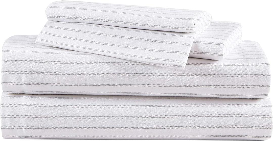 Eddie Bauer - Flannel Sheets Queen Size, Anti-Pilling & Wrinkle Resistant Cotton, Touchably Soft for All-Season Comfort - Bed Sheets with Matching Pillowcases & Fitted Sheet (Trail Stripe Grey)