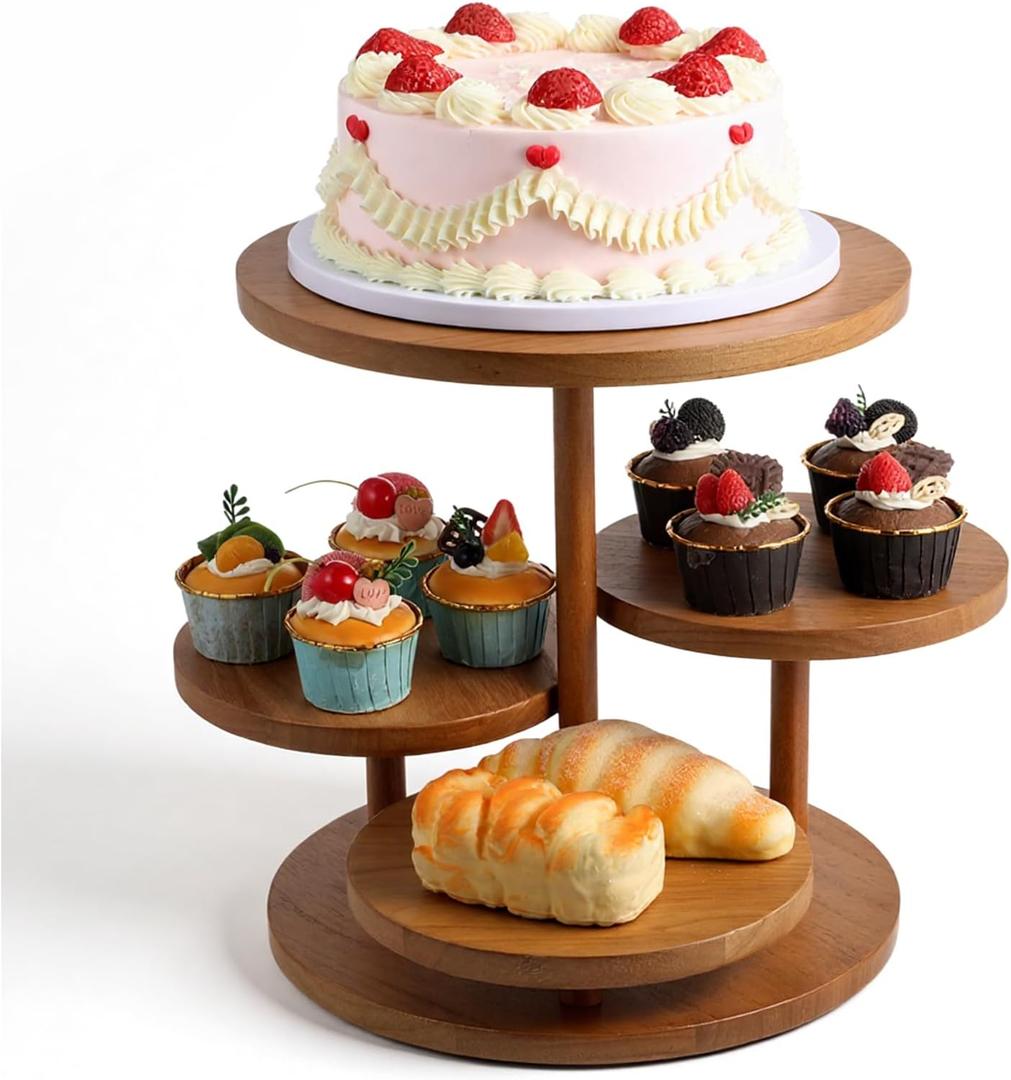 SHENLIU 4 Tier Round Cupcake Tower Stand for 50 Cupcakes, Farmhouse Wood Cake Stand with Tiered Trays Dessert Table Display for Wedding Birthday Baby Shower Tea Party