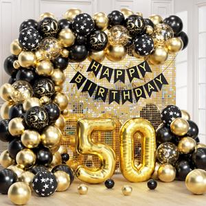 50th Birthday Decorations for Men Women with Happy 50th Birthday Decorations Banner 50 balloon number, Black and Gold 50th Birthday Balloons Kit for 50th Birthday Party Decorations