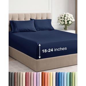 Extra Deep King Sheet Set - 4 Piece Breathable & Cooling Bed Sheets - Easily Fits 18 to 24 inch Mattress - Ultra Soft, Wrinkle & Fade Free with Extra Deep Pockets - Hotel Luxury Bedding - Navy Blue
