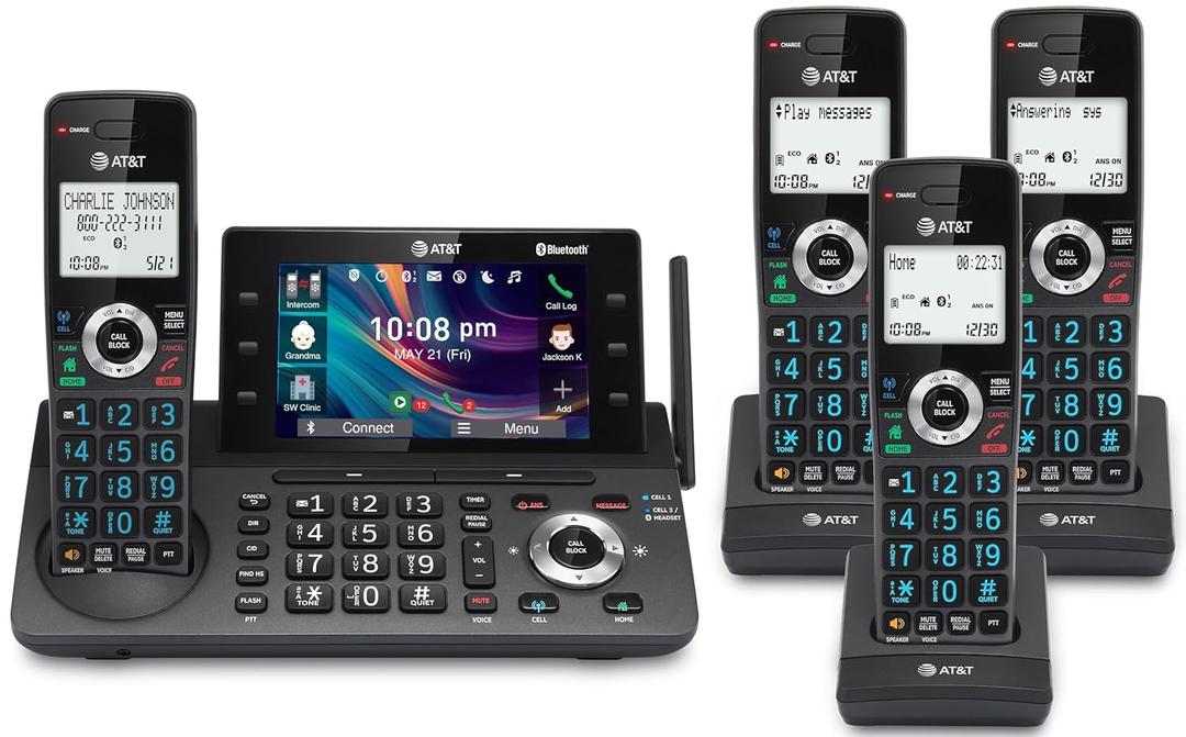 AT&T 4-Handset DECT 6.0 Cordless Home and Business Phone with Answering Machine, 5" Color Display, One-Touch Shortcut, Conference, Intercom, Smart Call Blocker, Bluetooth Connect to Cell: DLP73490