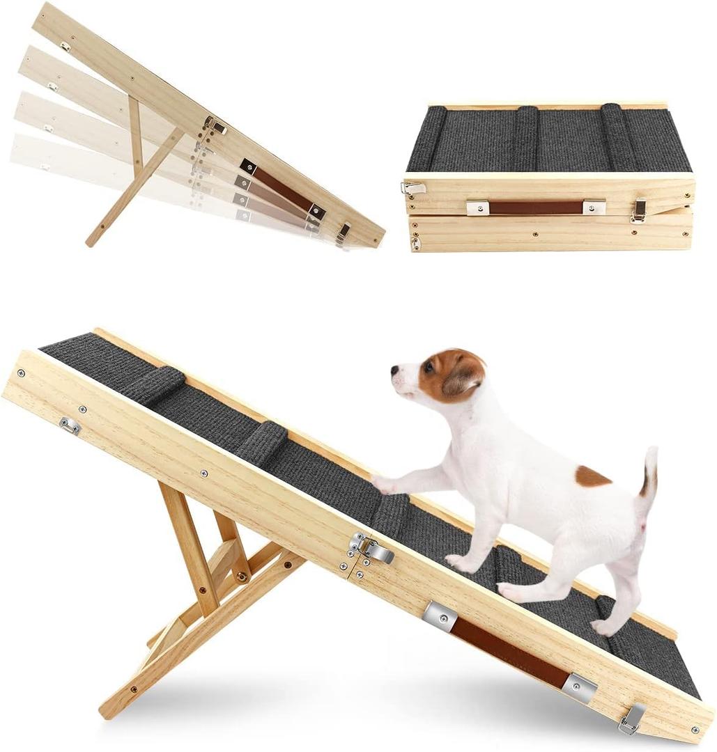 Adjustable Dog Ramp, Wooden Folding Portable Pet Ramp,Rated for 30 LBS, 32.6" Long and Adjustable from 10" to 19" with Non-Slip Traction Mat, Dog Step for Bed, Couch,Car (Grey) (32.68"-Grey)