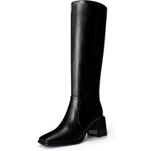 Women's Knee High Boots Block Metal Heel Square Toe Side Zipper Soft PU Leather Classic Fashion Dress Long Boots (Black)