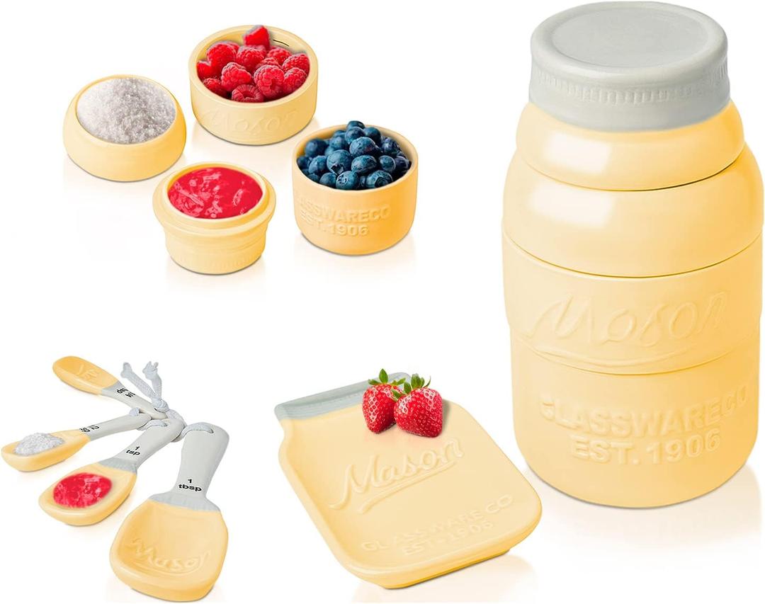 Vintage Mason Jar Kitchenware Set by Comfify - Multi-Piece Kitchen Ceramic Decor Set w/ 4 Measuring Cups, 4 Measuring Spoons and Spoon Rest - Attractive Vintage Style, in Yellow Embossed Ceramic