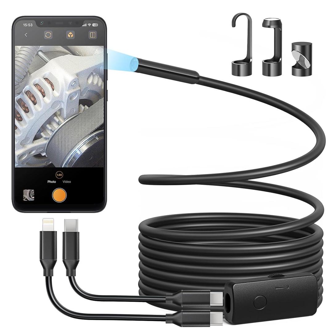 Anykit Endoscope Camera with Light, 1920P HD Borescope with 8 Adjustable LED Lights, Semi-Rigid Snake Camera with Light, IP67 Waterproof Inspection Cam for iPhone & Android, 9.8 ft Single Lens