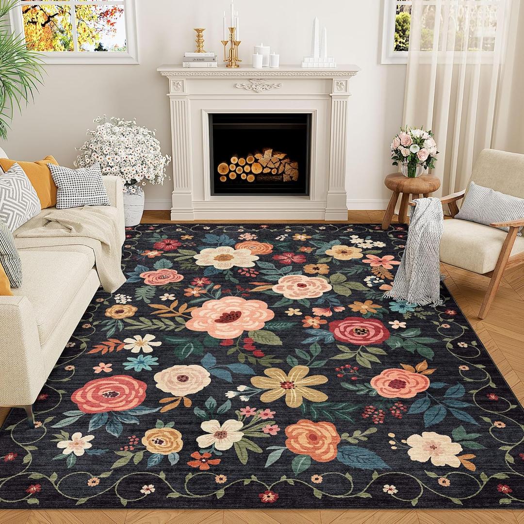 DUKINO 5x7 Area Rug, Floral Design, Lightweight Non Slip Washable, Indoor Low Pile & Non-Shedding Boho Rug for Bedroom, Living Room, Dining Room, Black