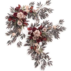 Ling's moment 2PCS Artificial Floral Swags Centerpieces Burgundy Wedding Flower Greenery Arrangements for Sweetheart/Head Table Decor Car Wall Window Arch Garden Decor Burgundy & Dusty Rose Maroon