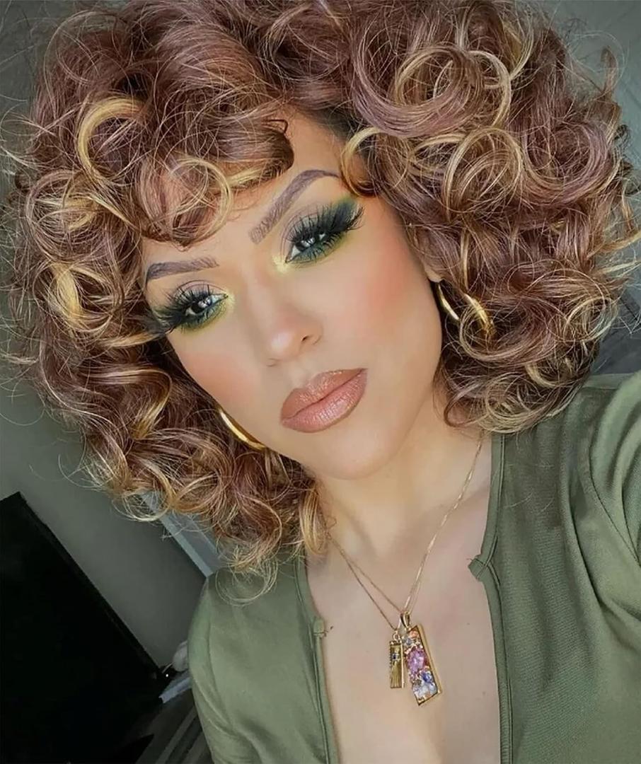 ELIM Curly Wigs for Black Women Short Kinky Curly Brown Mixed Blonde Wigs for Women Big Curly Afro Soft Wig with Bangs Heat Resistant Natural Cute Synthetic Wig with Accessories Z014MD