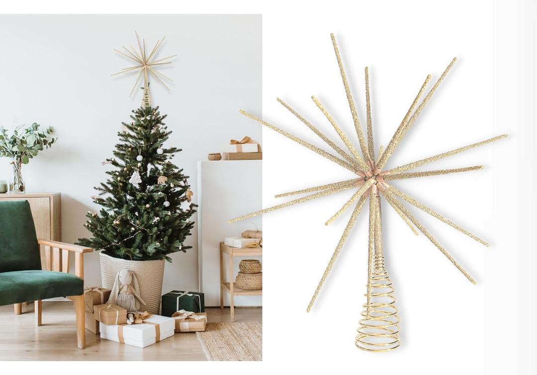 Christmas Traditions15 inch Large Gold Glass Glittered Starburst Tree Topper Star for Large Tree 6 feet-8 feet Tall/Home Decor/Table/Shelf Ornaments (Gold Glass)