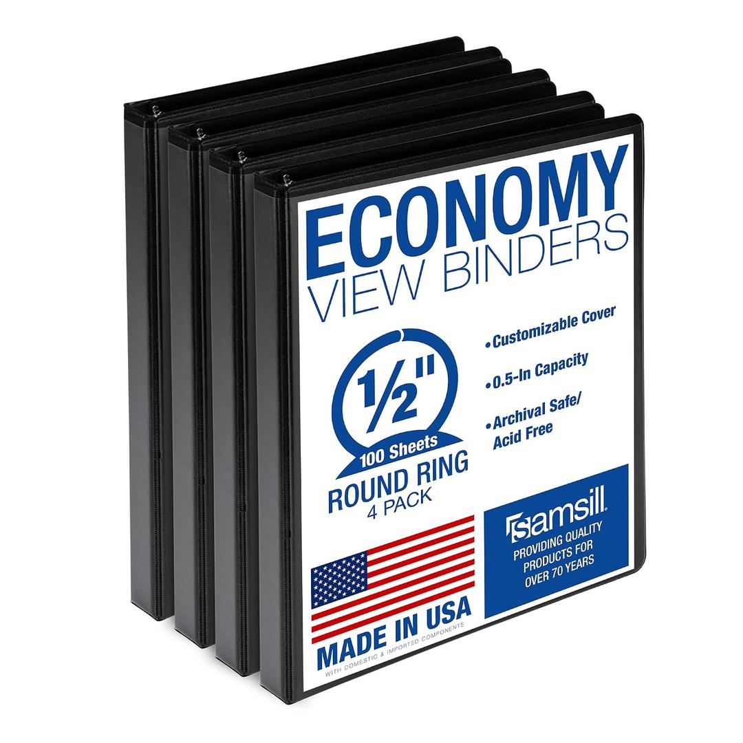 Samsill 0.5 Inch 3 Ring Binders, Economy Round Ring, Clear View Cover, 100 Sheet Capacity - for School, Home, Office - Black, 4 Pack