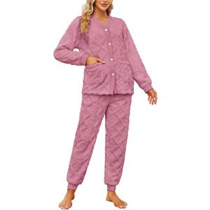HEARTNICE Women Fuzzy Pajama Set Warm Fluffy Long Sleeve Sleepwear Plush Loungewear Thermal Nightwear with Pockets (Pink, S)
