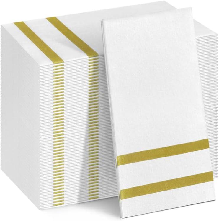 100 Pack Napkins Disposable Guest Towels Linen-Feel Decorative Napkins Soft and Absorbent Dinner Paper Hand Towels for Bathroom Party Powder Room Hotel Fancy Restaurant (100 Gold stripe)