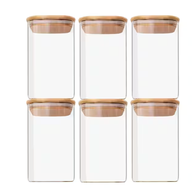 24Oz Glass Storage Jars With Bamboo Lids- 6 Pack Clear Glass Canisters Square Airtight Stackable Ideal For Pantry Storage Containers Organizers