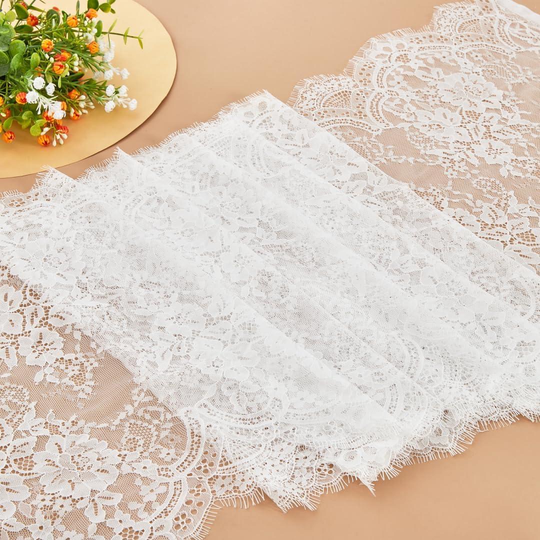 15.75" Wide 3 Yard White Eyelash Lace Fabric Lace Ribbon with Floral Pattern for Wedding, Sewing, DIY Crafting, Home Decor (White)