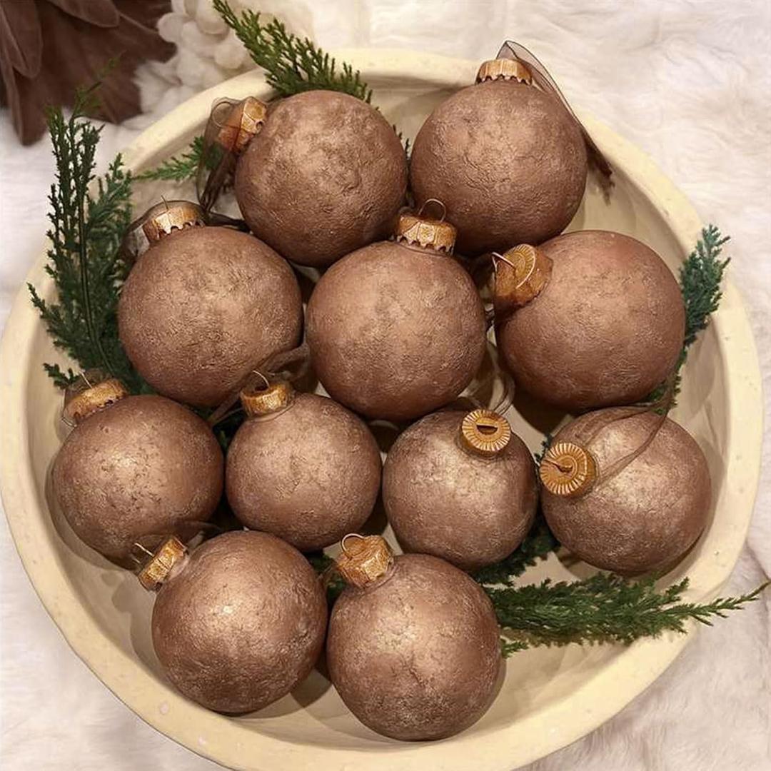 Yunlly 24 Pcs Textured Christmas Ball Ornaments 2.36'' Neutral Christmas Tree Decor Modern Vintage Brown Hanging Decor Shatterproof Home Ornaments for Rustic Large Farmhouse (Retro Brown)