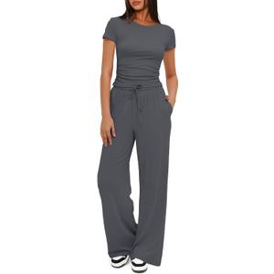 Darong Women's Two Piece Set Summer Outfits Lounge Sets Ruched Short Sleeve Tops Wide Leg Pants Tracksuit Sets (Medium, Grey)