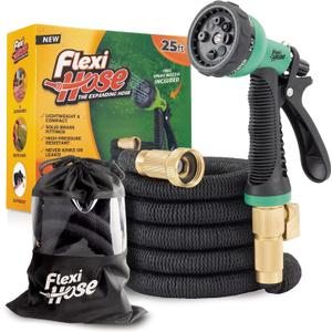 Flexi Hose Plus Expandable Garden Hose with 8 Function Nozzle, 25FT - Lightweight Retractable Garden Hose, Water Hose - No-Kink Flexibility, 3/4 Inch Solid Brass Fittings Includes Hook & Bag