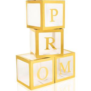 4 Pcs Prom Boxes with Letters 11.8 x 11.8 x 11.8 Inch Clear Prom Balloon Boxes Transparent High School College Graduation Party Favors Supplies(Gold)