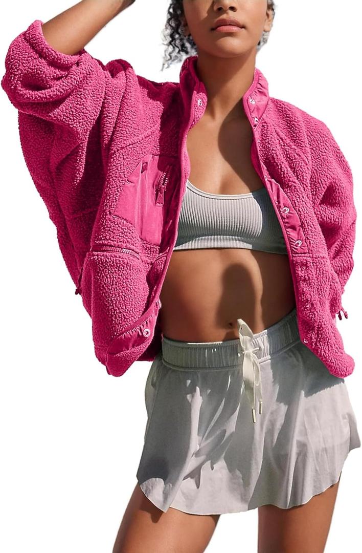 Omoone Women's Cropped Fleece Jacket Faux Fur Sherpa Coat Jackets Winter Outwear (X-Large, Rose Red)
