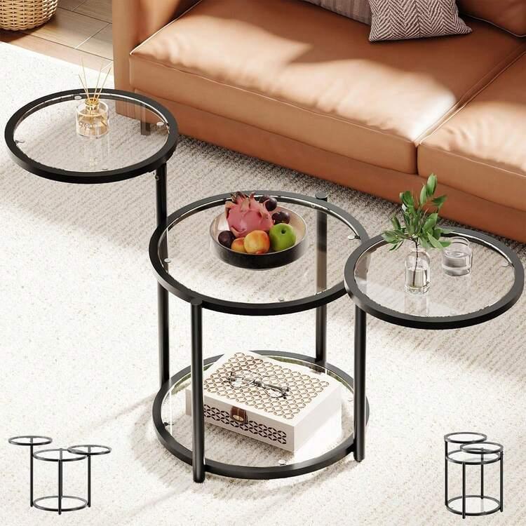 Curlaky Round Glass Coffee Table - 4 Tier Coffee Tables For Living Room With Rotating Top, Circle Coffee Table With Storage, Modern Clear Center Table With Metal Frame For Small Space, Office, Black