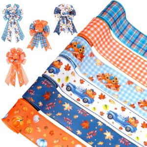 Fall Ribbon,6 Rolls Thanksgiving Day Pumpkin Maple Leaves Fabric Wired Ribbon,Orange White Blue Plaids Craft for Bow Wreath Floral Gift Box Wrapping,Thanksgiving Decor Gifts,30 Yards