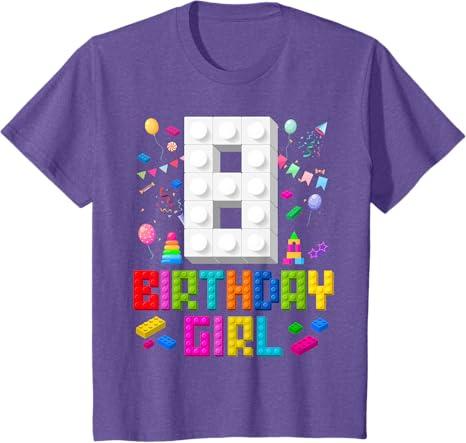 8th Birthday Girl Master Builder 8 Years Old Building Block T-Shirt 2pcs (Small, Purple Heather)