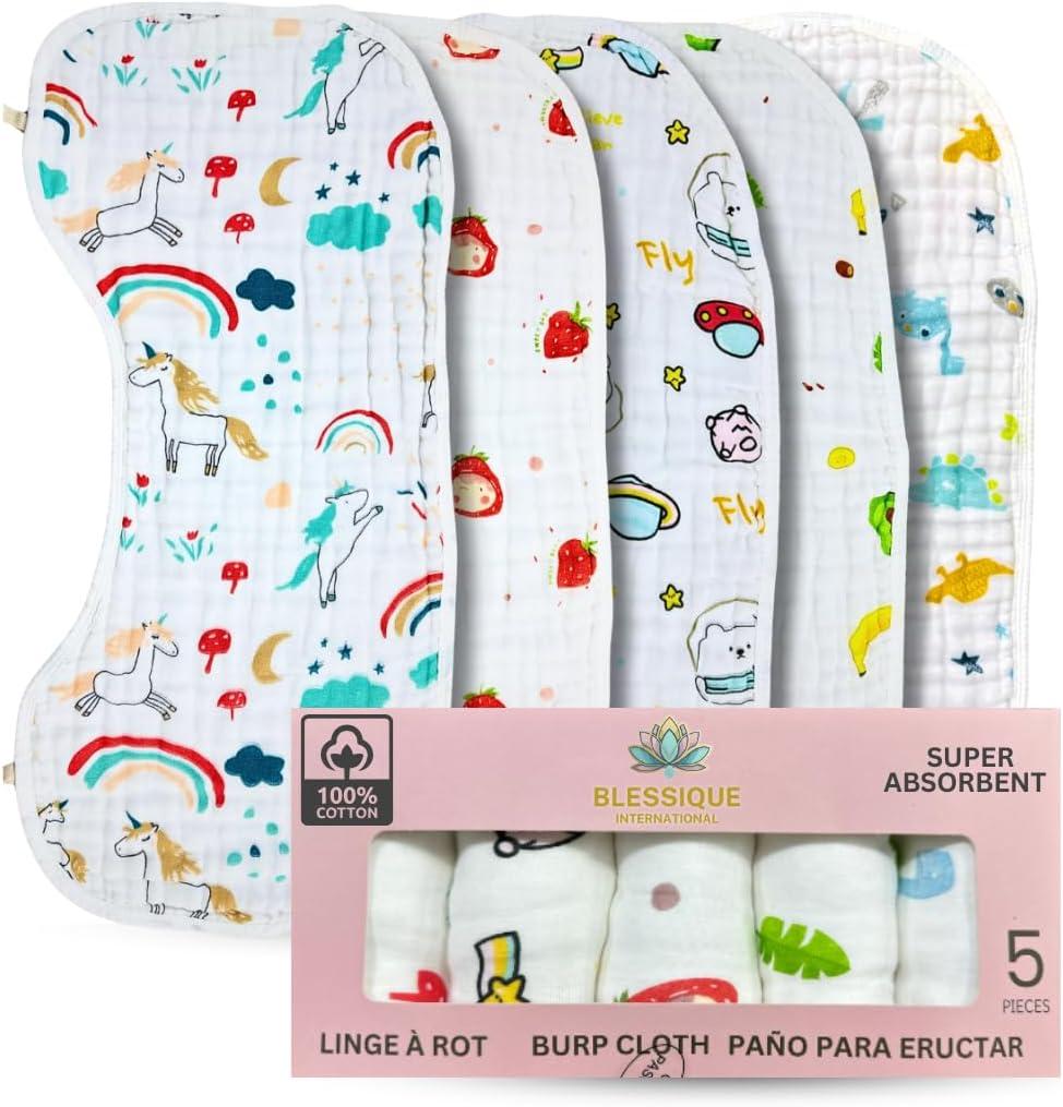 Blessique Baby Burp Cloths 5 Pieces 100% Cotton Muslin Soft Absorbent Burping Cloth for Baby Boy Babygirl, Baby Towels, Baby Girl Newborn Essentials, Paos para Eructos De Beb