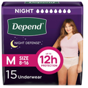 Depend Night Defense Adult Diapers, Incontinence & Postpartum Bladder Leak Underwear for Women, Disposable, Overnight, Medium, Blush, 15 Count