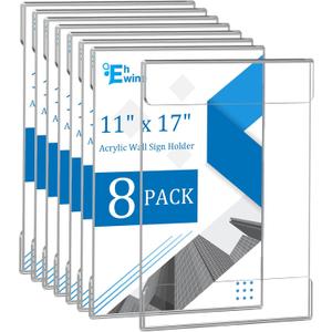 EHWINE 8 Pack 11x17 Wall Mount Acrylic Sign Holder, Wall Signs Photo Menu Flyer Display Holders, Plastic Clear Acrylic Frames for Office Home Hotel Business Store (with Adhesive Tape)