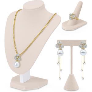 Wenqik 3 Pcs Velvet Jewelry Display Set Velvet Necklace Bust Holder T Shape Earring Stand Ring Finger Jewelry Holder (Linen)