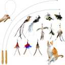 Interactive Bird & Insect Simulation Cat Toy Set - 10 Pcs Feather Refills & 2 Pcs Cat Wand Toy, 29'' Flexible Steel Wire, Sturdy Wood Handle & Bell, For Indoor Kittens (Cat Wands(10 Refillls))