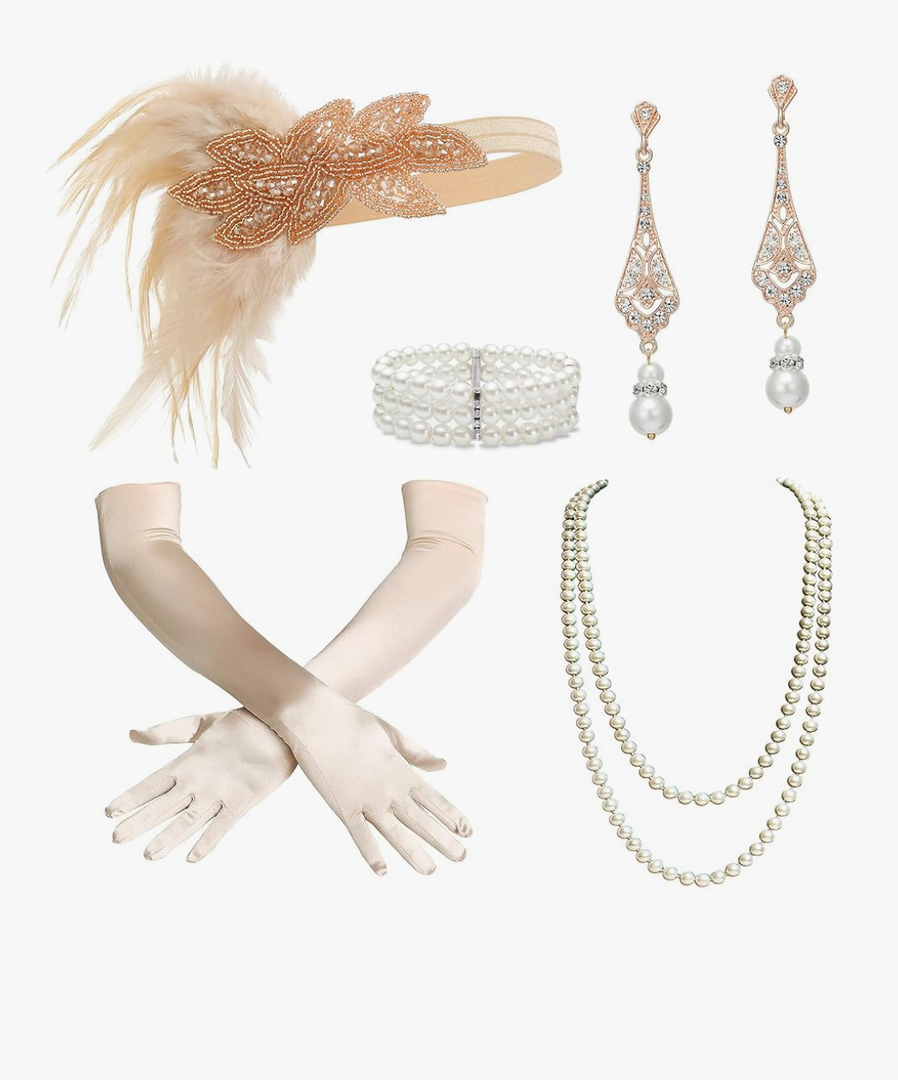 BABEYOND 1920s Flapper Accessories Great Gatsby Costume Accessories 20s Flapper Headband Pearl Necklace Gloves Plastic Holder