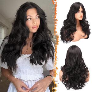 BARSDAR Long Wavy Brown Wig with Curtain Bangs - Wavy Dark Brown Layered Wigs for Women - Soft Synthetic Hair Long Layered Wig Natural Looking Daily Party Halloween Wigs - Black Brown (26 Inch)