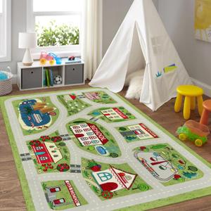 LIVEBOX Green Kids Playroom Rug, 5'x7' Washable Road Rug for Kids Room, Non-Slip Soft Car Rugs Play Mat for Baby Nursery, Large City Traffic Rugs Classroom for Boys Girls Dorm Toy Room Tent