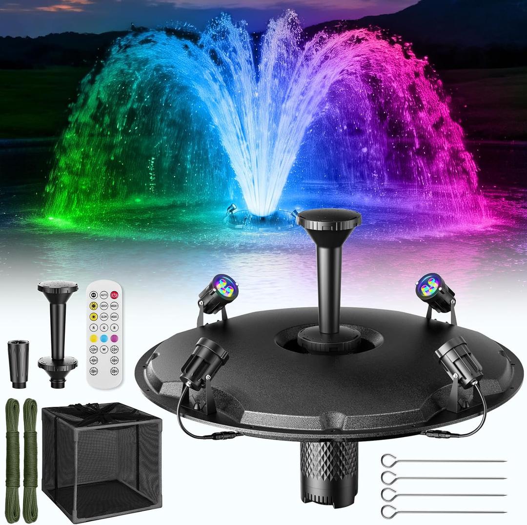 Antfraer Floating Fountain with LED Lights, RGB Pond Fountain with 1600GPH Pond Pump & 50FT Cord, 3 Water Spray Styles Aerator Pump Kit with Remote Control for Ponds, Lakes, Water Garden