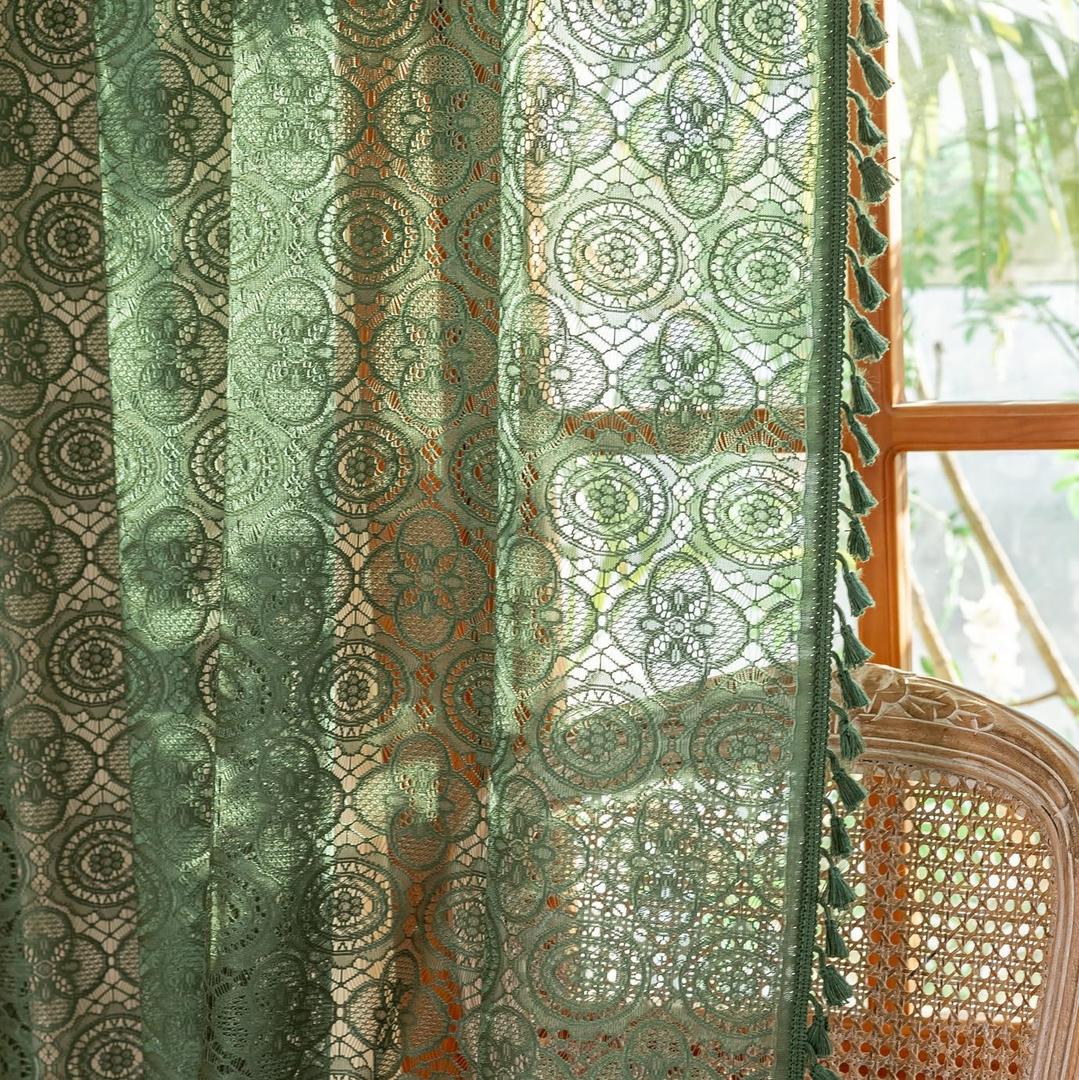 YJ YANJUN Green Boho Curtains with Tassels for Bedroom Retro Floral Pattern Knit Lace Sheer Curtains 63 Inch Length for Livingroom Country Light Filtering Crochet Drapes Set of 2 W59 x L63 (59"W x 63"L (Pack of 2))