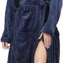 RONGTAI Womens Robes Plush Fleece Hooded Bathrobe Thick Nightgown with Pockets Fluffy Sleepwear (Small, Navy Blue)