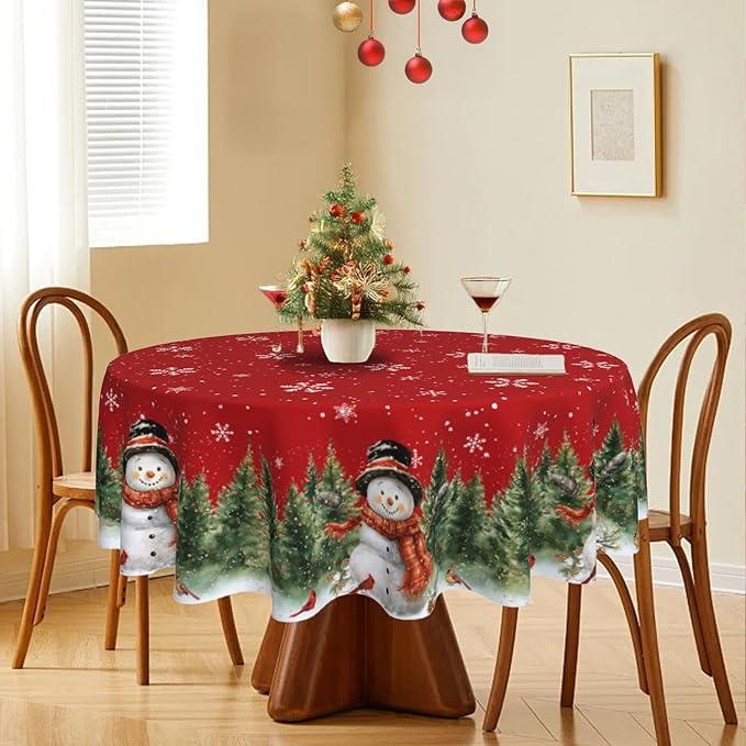 Christmas Round Tablecloth Snowman Trees Snowflakes Red Table Cloth 60 inch Spill Proof Cover for Kitchen Party Picnic Dinner Tabletop Decor