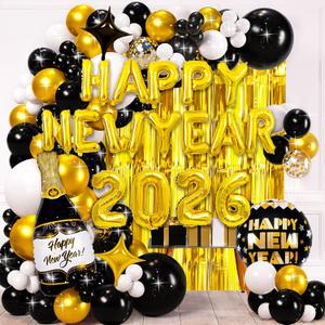 2026 New Years Eve Party Supplies Set, New Year Decorations 2026, Gold Black Party Balloons Supplies Happy New Years Decoration with 2026 Balloons, Happy New Year Banner, Foil Balloons, Fringe Curtain