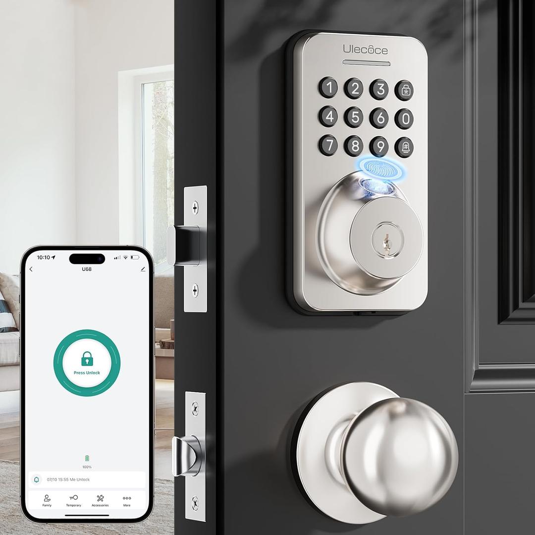 Fingerprint Keypad Deadbolt with Handle Set, Keyless Entry Door Lock, Door Locks for Front Door Lock Set, App Control, Auto Locking, Easy to Install, Satin Nickel (Silver)