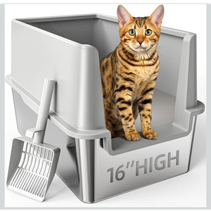 16" High Sides Stainless Steel Litter Box with Lid, XL XXL Extra Large Enclosed Metal Litter Box for Big Cats & Kitty, Never Absorbs Odors, Non-Sticky, Anti-Urine Leakage, Easy Cleaning