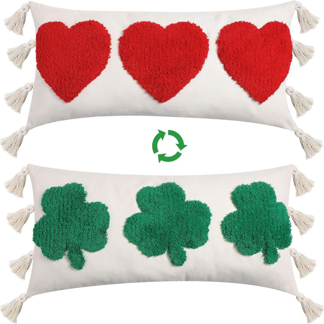 Mixweer St. Patrick's Day Throw Pillow Covers with Tassels 26x14 Inch Double Sided Pattern Hearts Shamrock Decorative Accent Pillow Covers Decor for Holiday Valentines Party Sofa Bed Cushion
