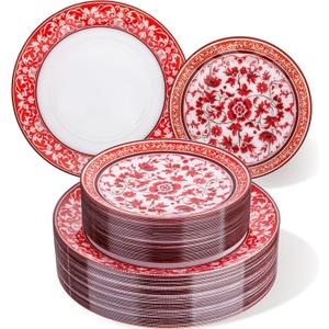 Hioasis 60pcs Red Plastic Plates Set - Floral Red & White Porcelain Design, 10.25" Dinner & 7.5" Dessert Plates Disposable for Christmas (Dishwasher Safe, Art Style)