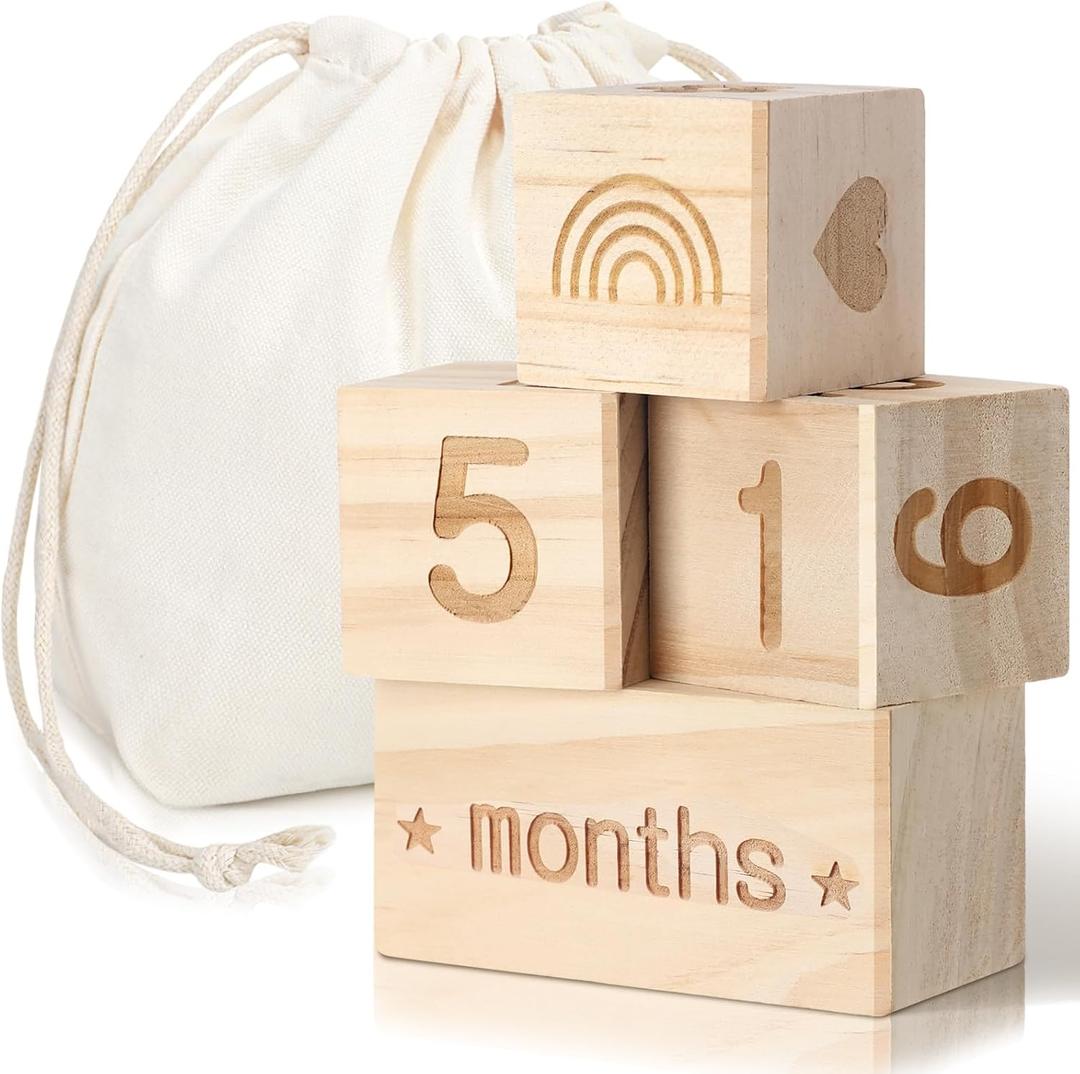 Wonderjune Boho Baby Monthly Milestone Blocks Set of 4 Wooden Baby Age Milestone Signs with Drawstring Bag Months Weeks Years Days Blocks for Newborn Photo Props Keepsake